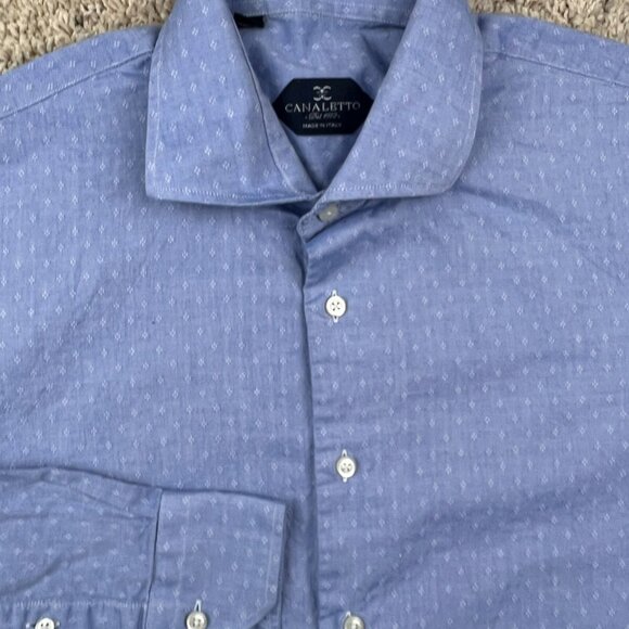 Canaletto Made In Italy Button Up Dress Shirt Blue Geometric Cotton 16.5 34/35 - Picture 1 of 9